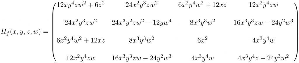 ejemplo resuelto paso a paso de matriz hessiana o hessiano de dimension 4x4